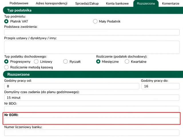 Formularz podatkowy z wyróżnionym numerem EORI
