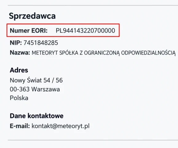 Zaznaczony numer EORI sprzedawcy
