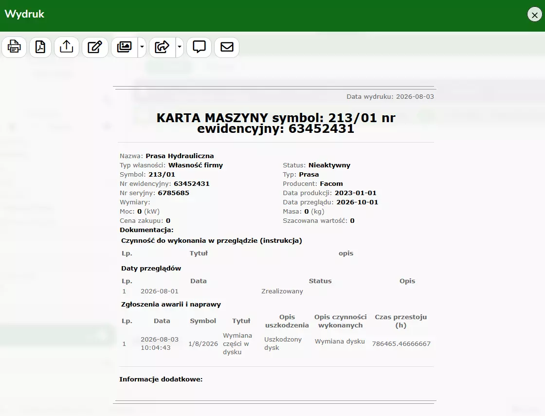 Rejestr maszyn – wydruk maszyna