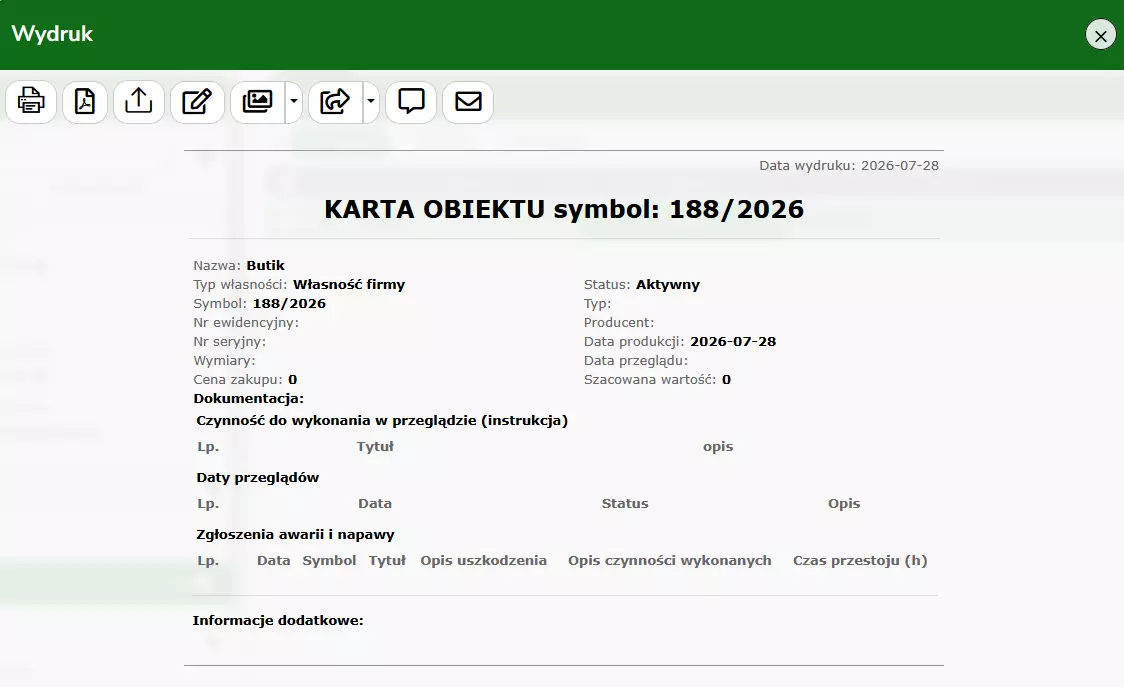 Rejestr obiektów – wydruk