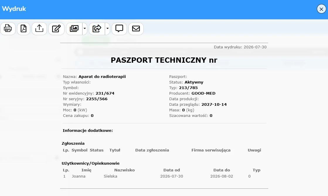 Rejestr urządzeń – wydruk