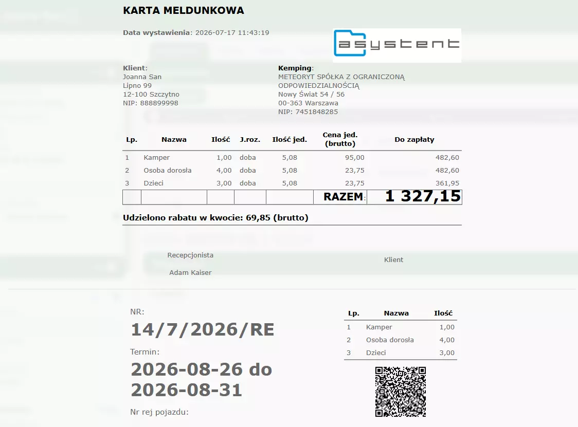Rezerwacje – karta meldunkowa