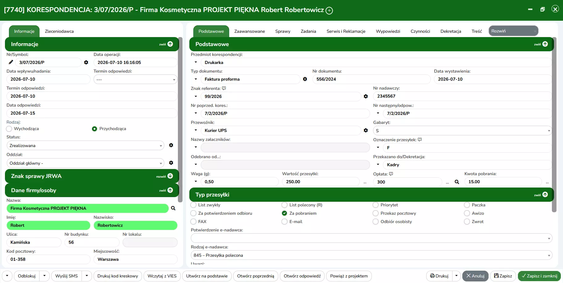 Książka korespondencji – korespondencja