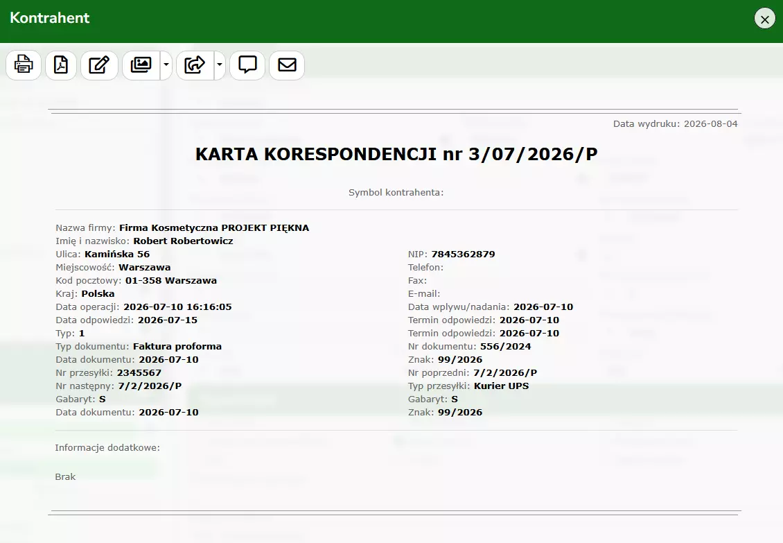 Książka korespondencji – wydruk korespondencja
