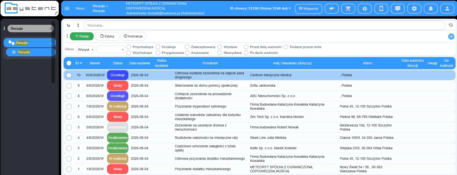 Rejestr decyzji – lista