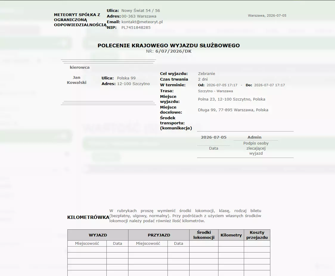 Delegacje – delegacja wydruk
