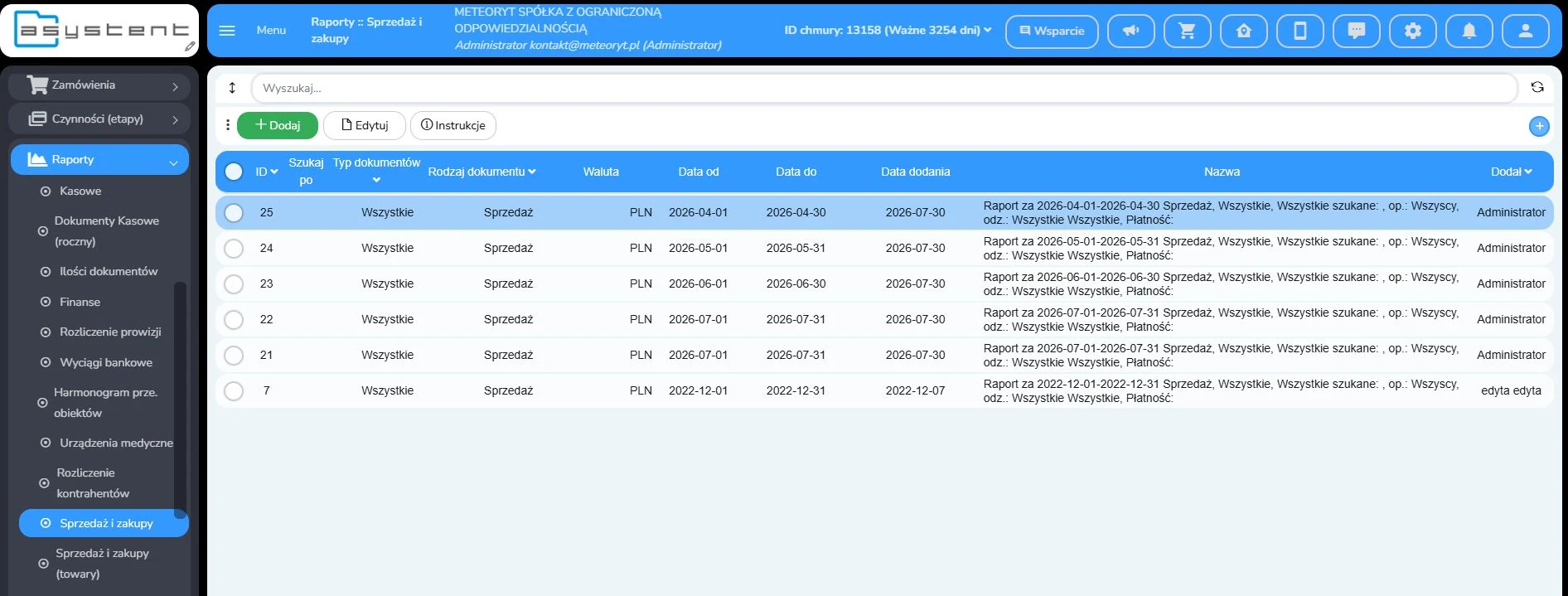 Raporty – raport sprzedaz lista