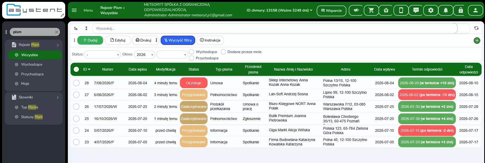 Rejestr pism – pisma lista
