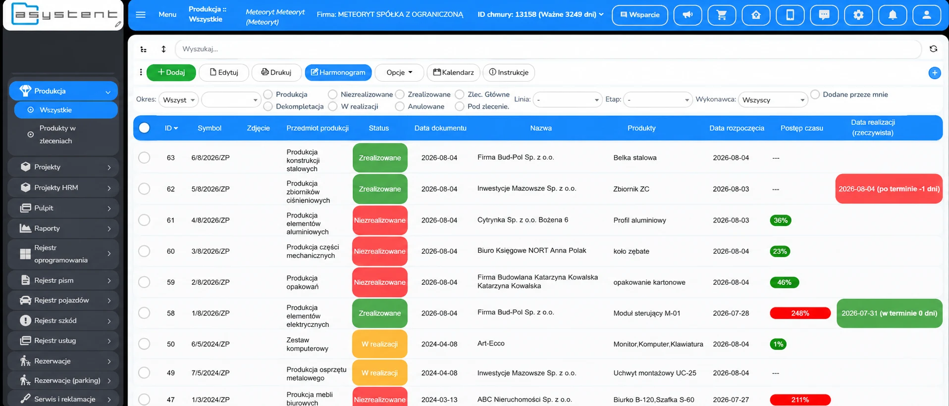 Zlecenia produkcyjne – lista