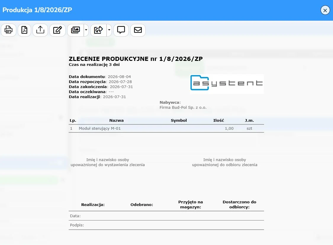 Zlecenia produkcyjne – wydruk
