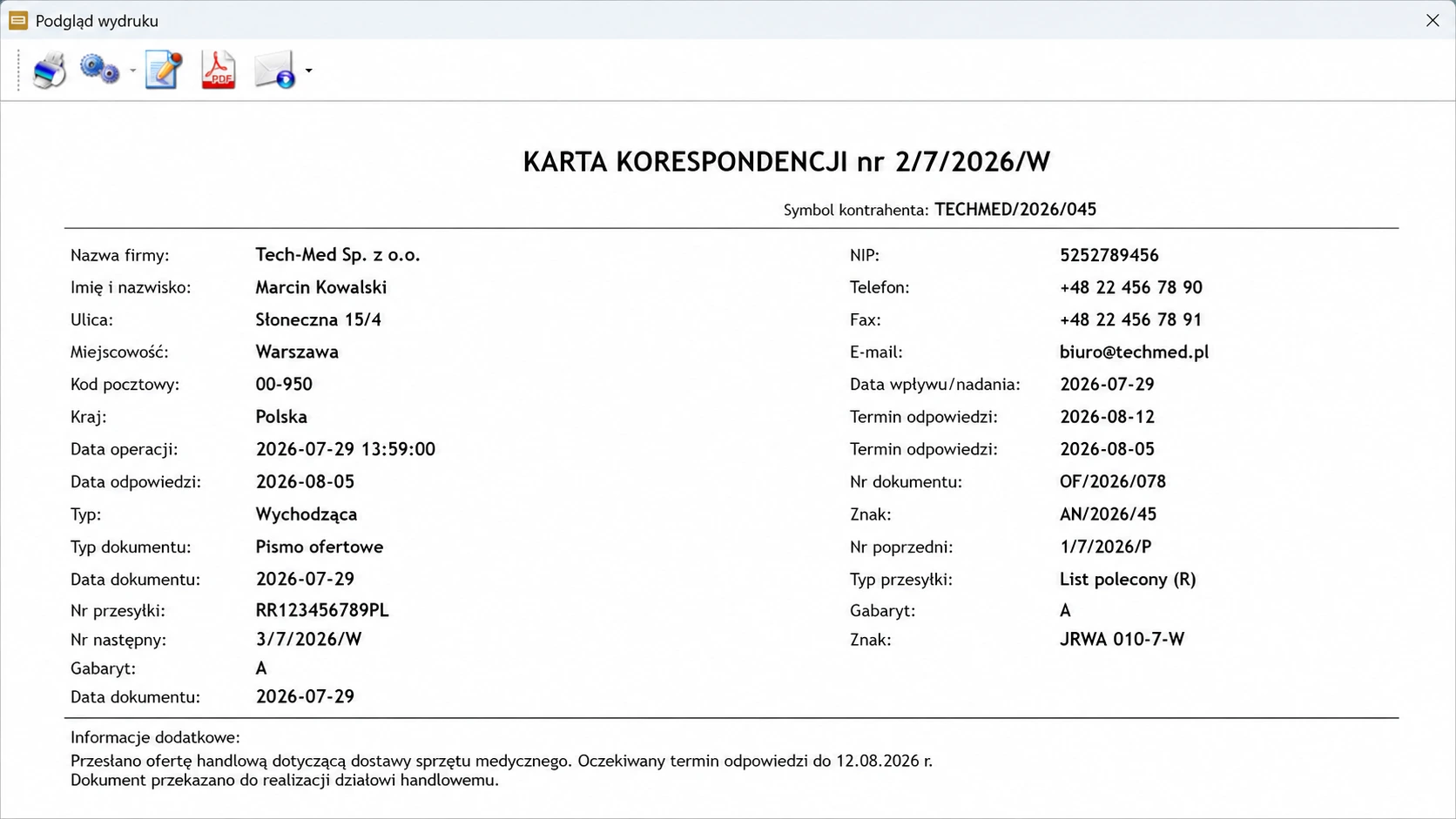 Książka korespondencji – wydruk