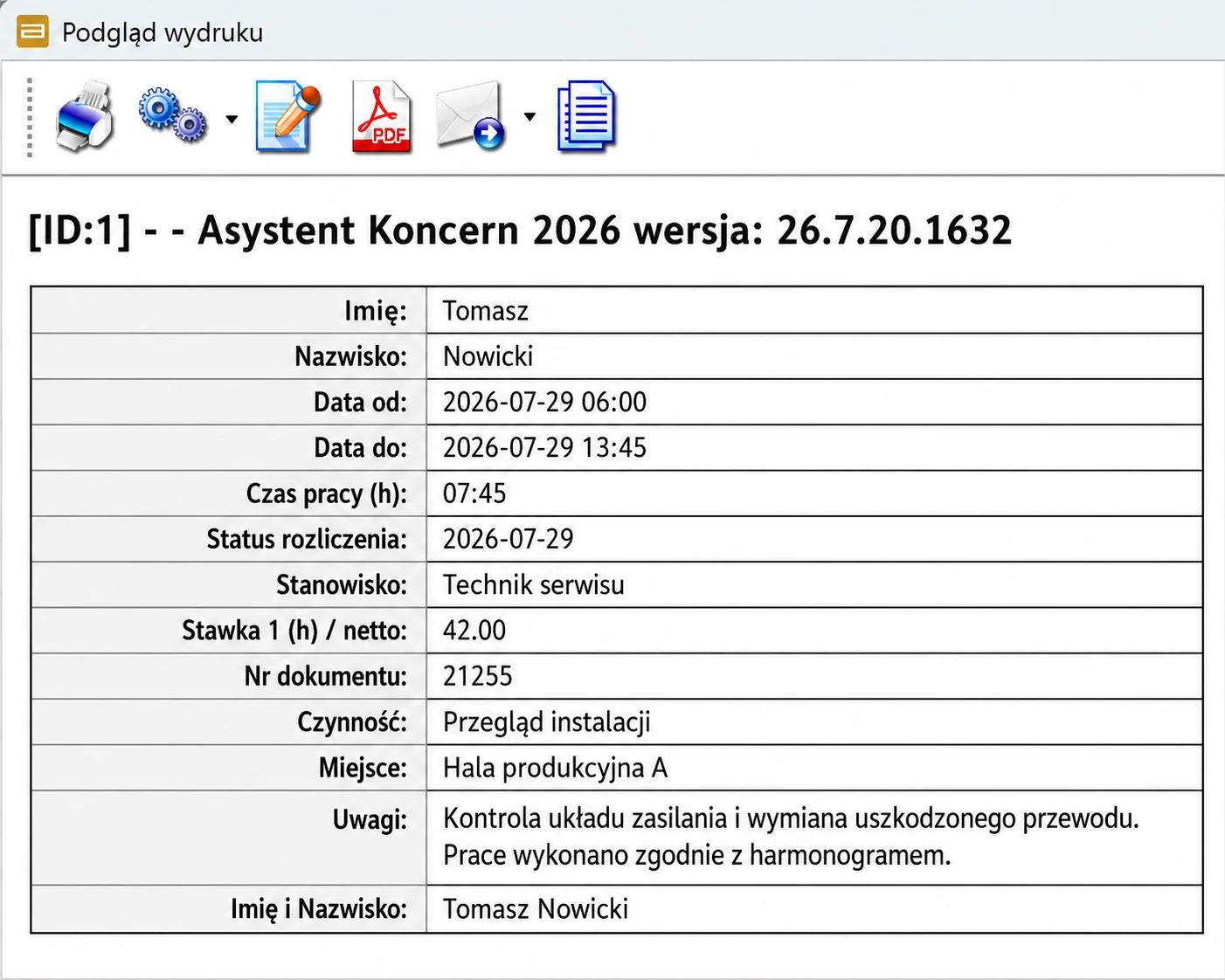 Karta pracy – wydruk